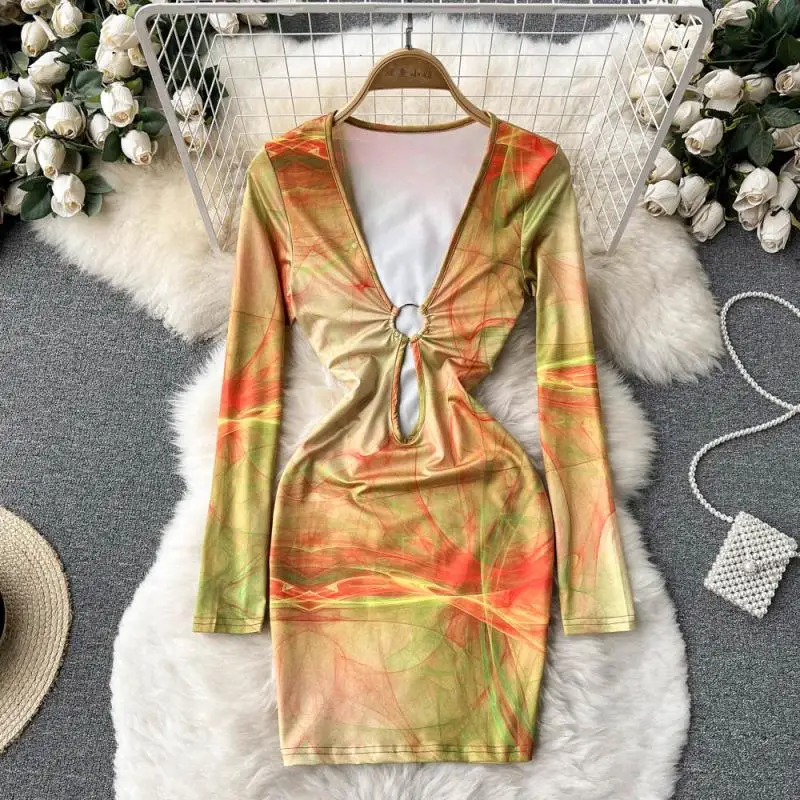 

2022 European Sexy Deep V-neck Hollowed Out Camouflage Slim Fit Hip Short Dress Women's New Fashion Long Sleeve Dress