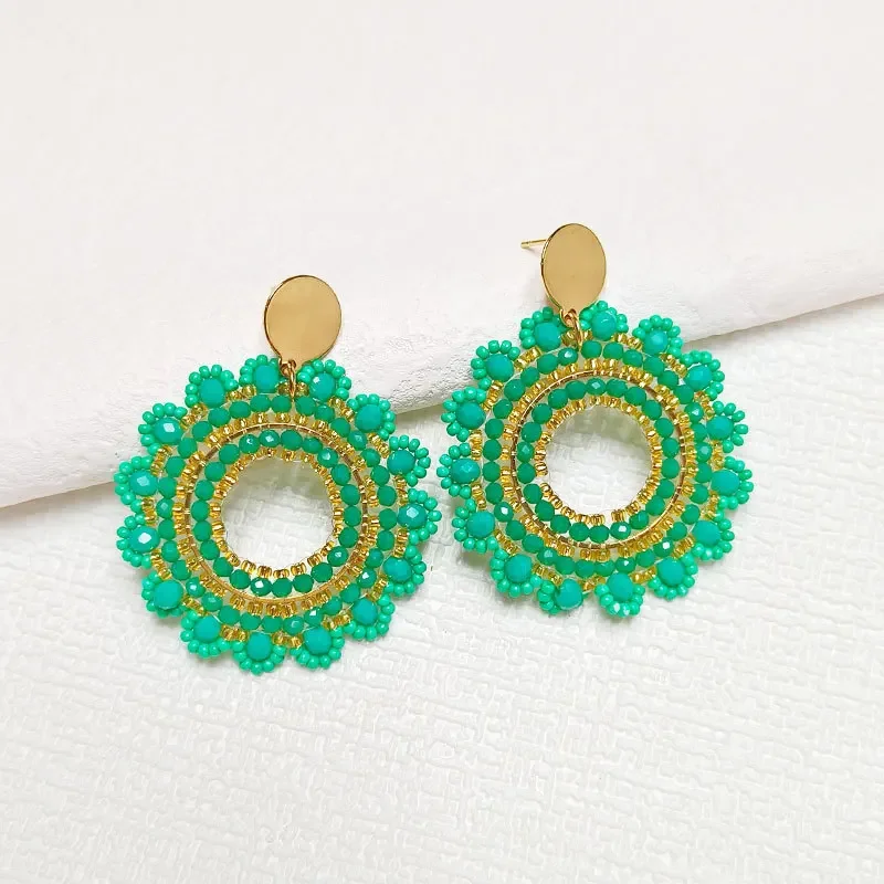 

Beaded earrings Green Sunflower Hollow out Originality Bohemia Hand knitting Alloy Fashion Simple Rice bead earrings