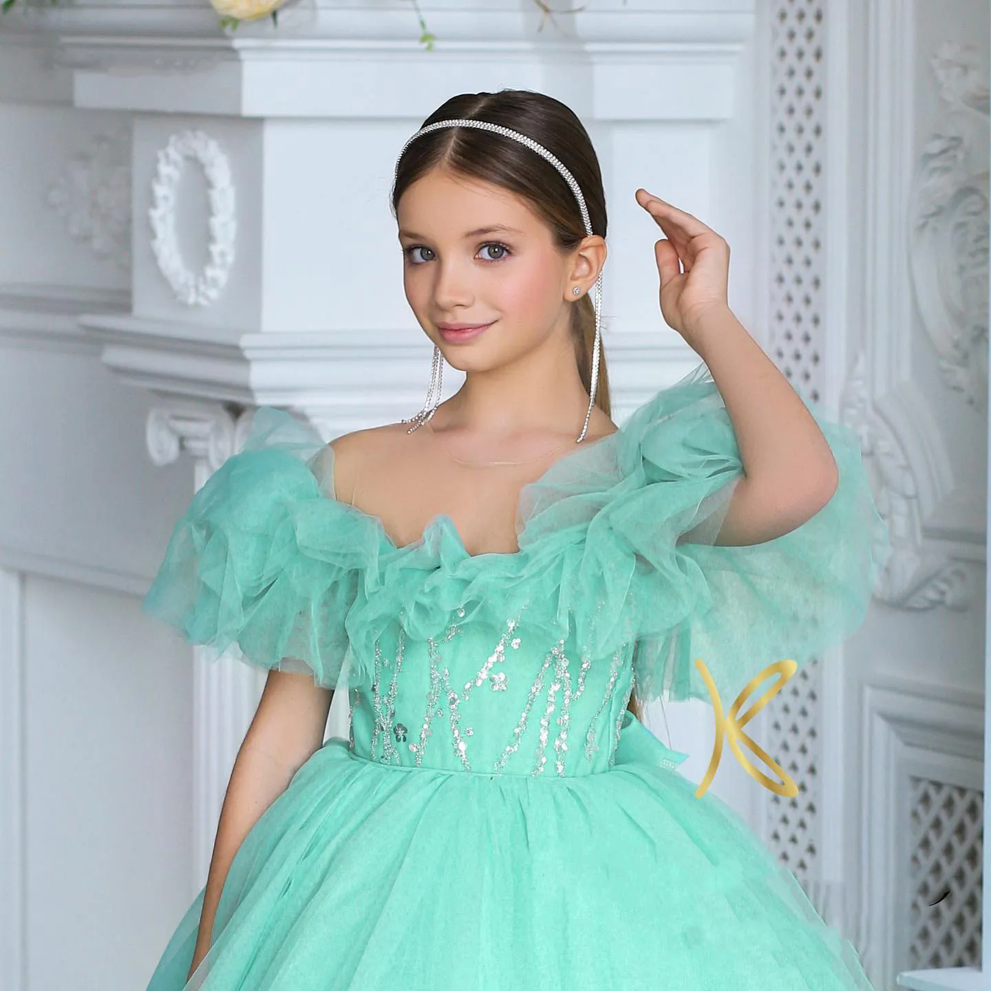 

Aqua Tulle Child Party Beaded Puffy Flower Girl Dresses Tea Length Ruffles Pageant Wedding Prom First Communion Ball Gowns