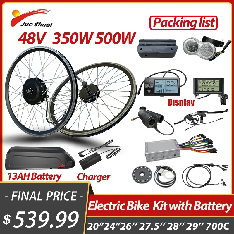 

48V 500W EBike Conversion Kit 13AH Battery 20/24/26/27.5Inch 700C Brushless Hub Motor Wheel Electric Mountain Bike Accessories