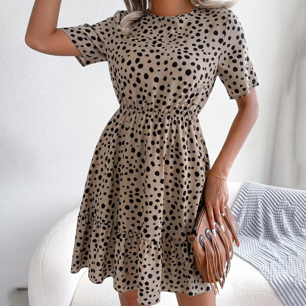 

Women Dress Round Neck Ruffle Hem Chiffon Polka Dot Print Casual Women Short Sleeve Dress Daily Wear