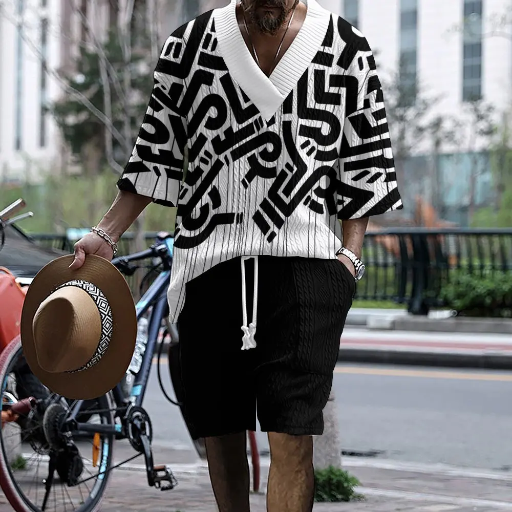 2024 Men's Trendy Printing Casual Set Men's Summer Loose Short sleeved Shorts V-neck Dynamic Set Two piece Set for Men
2024 Men's Trendy Printing Casual Set Men's Summer Loose Short sleeved Shorts V-neck Dynamic Set Two piece Set for Men