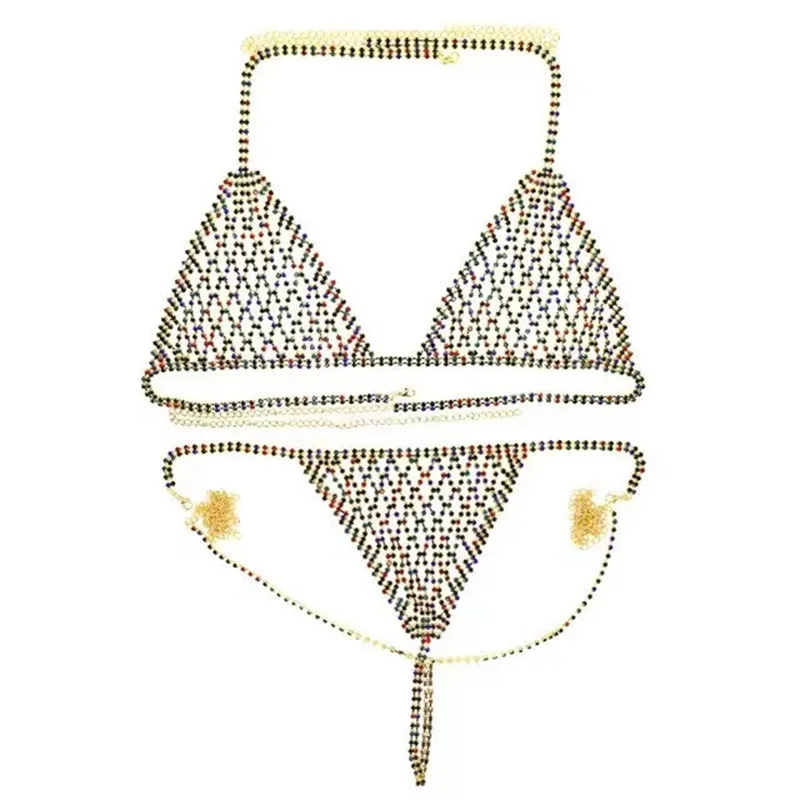 

2PC Luxurious Rhinestones Mesh Chain Beachwear Body Jewelry Metal Lace-Up Bra and Glisten Harness Suspender Set