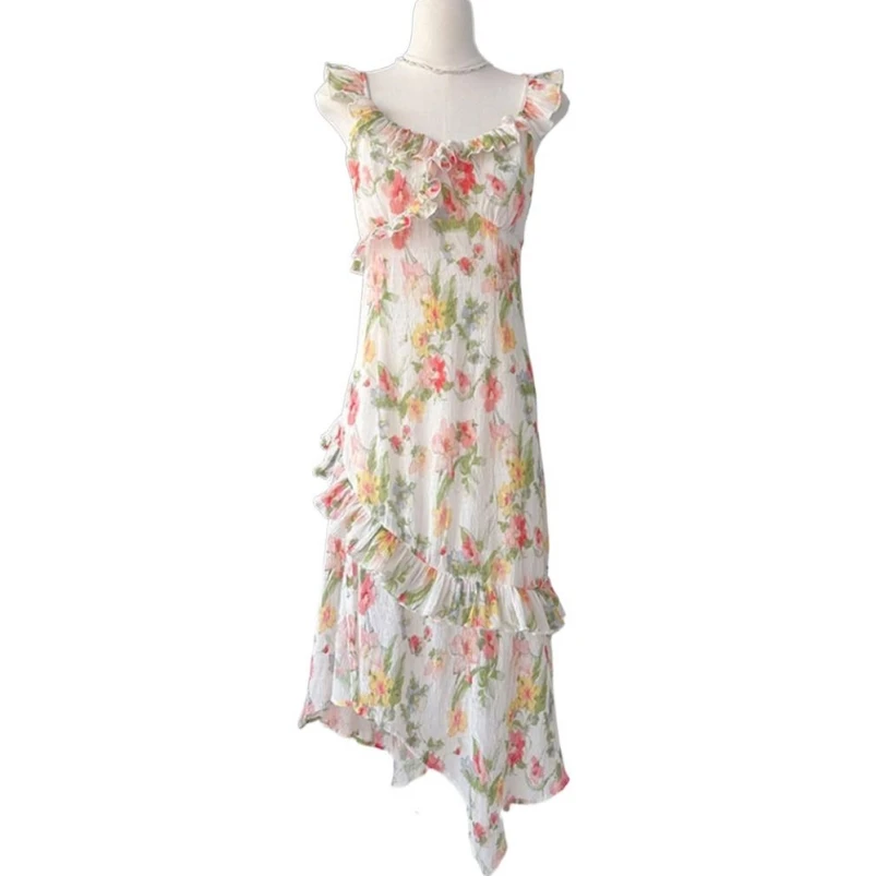 

Summer Korean Chiffon Fresh Floral Print Ruffled Sexy V-Neck Suspender Dress Hem Lotus Leaf Edge Gentle Irregular Split Vestidos