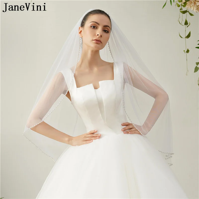 

JaneVini One Layer Short Wedding Veil with Pearls Hair Comb 1 Tier Beaded Edge White Ivory Tulle Bridal Veils Velo Led Novia