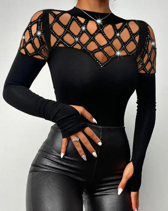 Women's Sexy T-Shirt 2024 Spring Summer Latest Rhinestone Hollow Out Cold Shoulder Long Sleevetop Skinny Daily Versatile Blouses
Women's Sexy T-Shirt 2024 Spring Summer Latest Rhinestone Hollow Out Cold Shoulder Long Sleevetop Skinny Daily Versatile Blouses