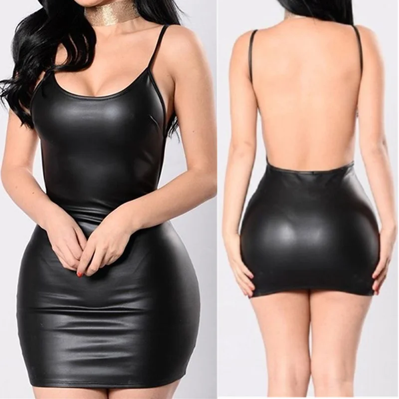 

Sexy Faux Leather Dress Backless Club Party Short Dress Solid Black Wet Look Latex Bodycon Push Up Bra Mini Micro Dress