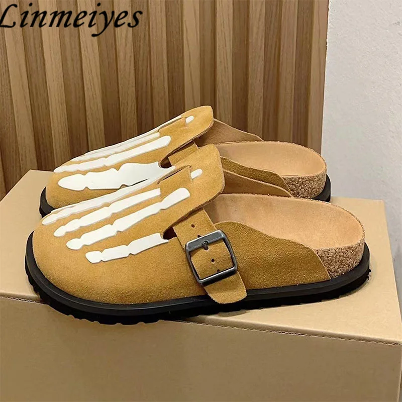 

Hot Sales Nubuck Leather Slippers Women Autumn Round Toe Metal Buckle Flat Slides Men Holidays Casual Thick Sole Slippers Woman