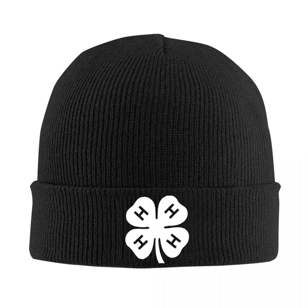 

White 4H Four Leaf Clover Skullies Beanies Caps Hip Hop Winter Warm Women Men Knitting Hats Adult Unisex Bonnet Hats