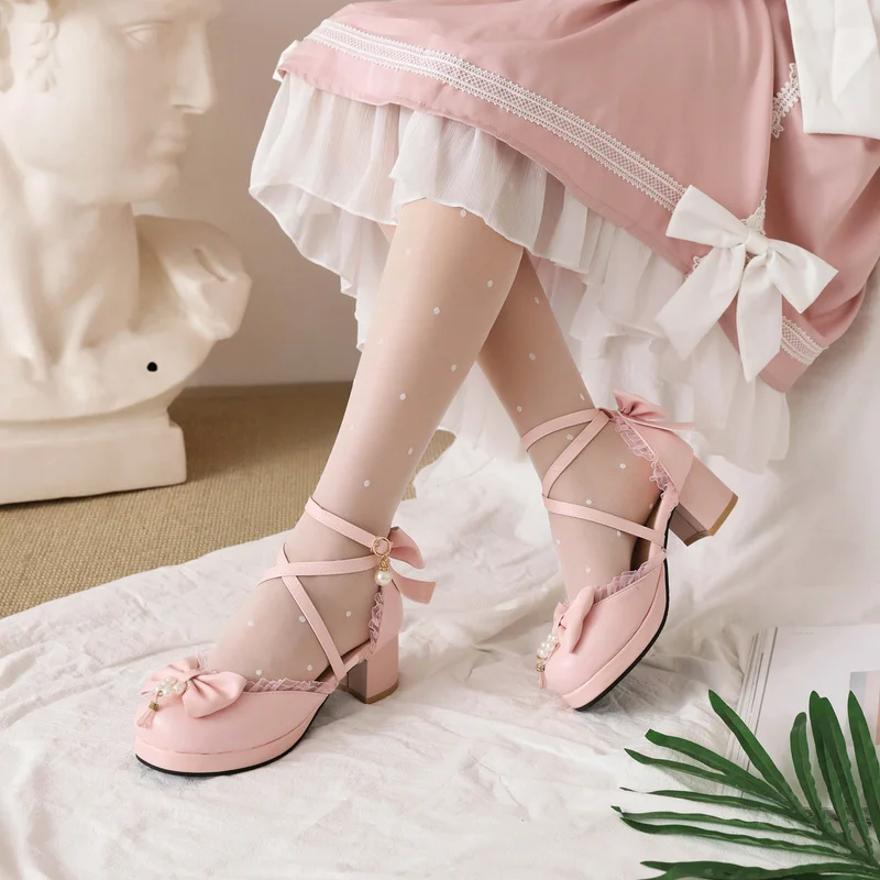 

2022 New Spring Women Shoes Plus Size 41 Feet Length Chunky High Heel Pearl Bow Cross Buckle Cute Lolita Banquet Shoes 2022