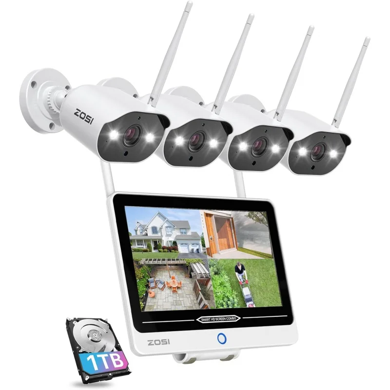 

ZOSI 2K 8CH All in one Wireless Security Camera System with 12.5 inch LCD Monitor,4pcs 3MP WiFi IP Spotlight Cameras Outdoor Ind