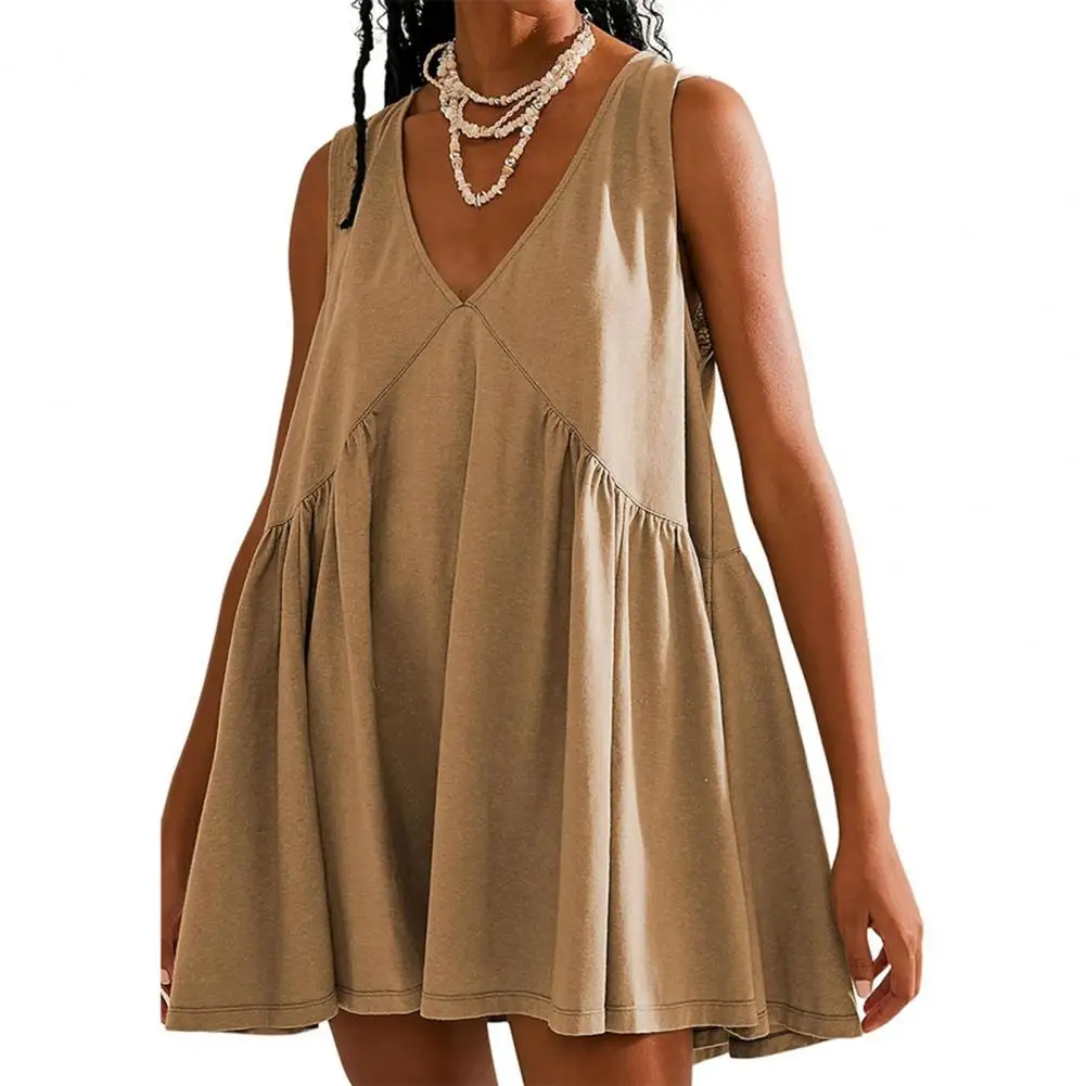

Элегантное женское платье без рукавов, летнее однотонное лоскутное Плиссированное ТРАПЕЦИЕВИДНОЕ пляжное мини-платье с широким подолом, свободные платья
