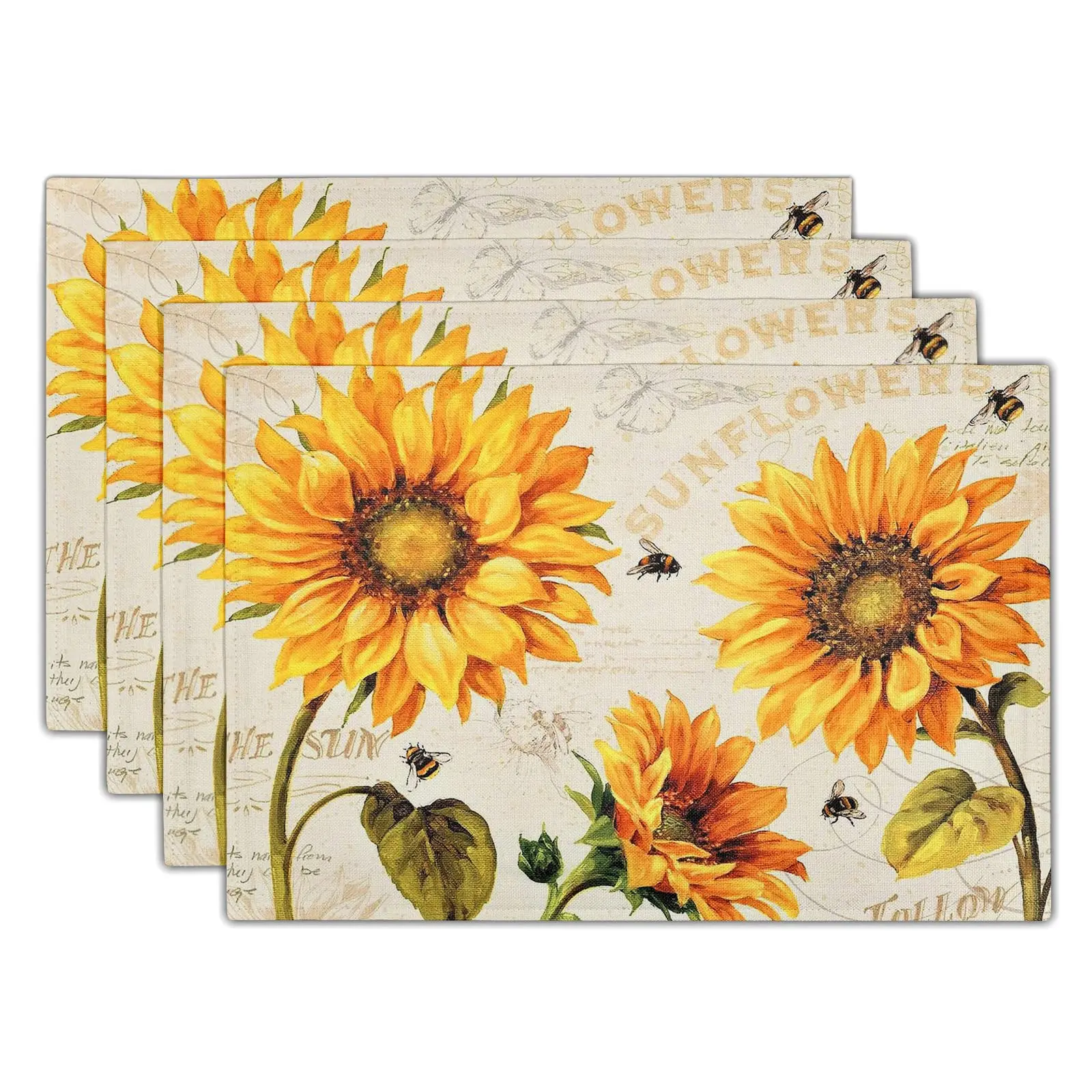 

Sunflower Bee Placemat Set of 4 for Dining Table Yellow Flower Vintage Rustic Floral Heat Resistant Linen Table Mat 12''x18''