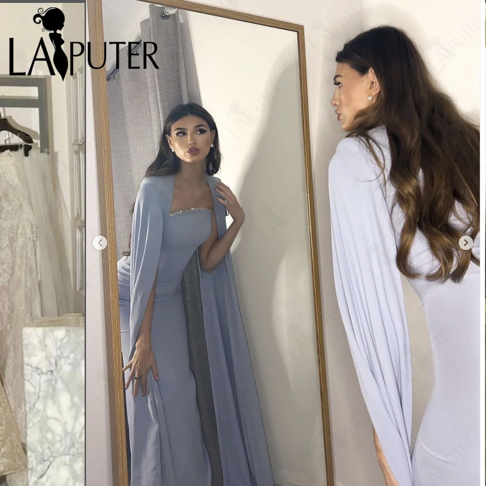 

Lilac Satin Evening Dresses Beaded Square neck Mermaid Prom Gown Long Cape Sleeves Court Train Celebrity Dress New Design 2024