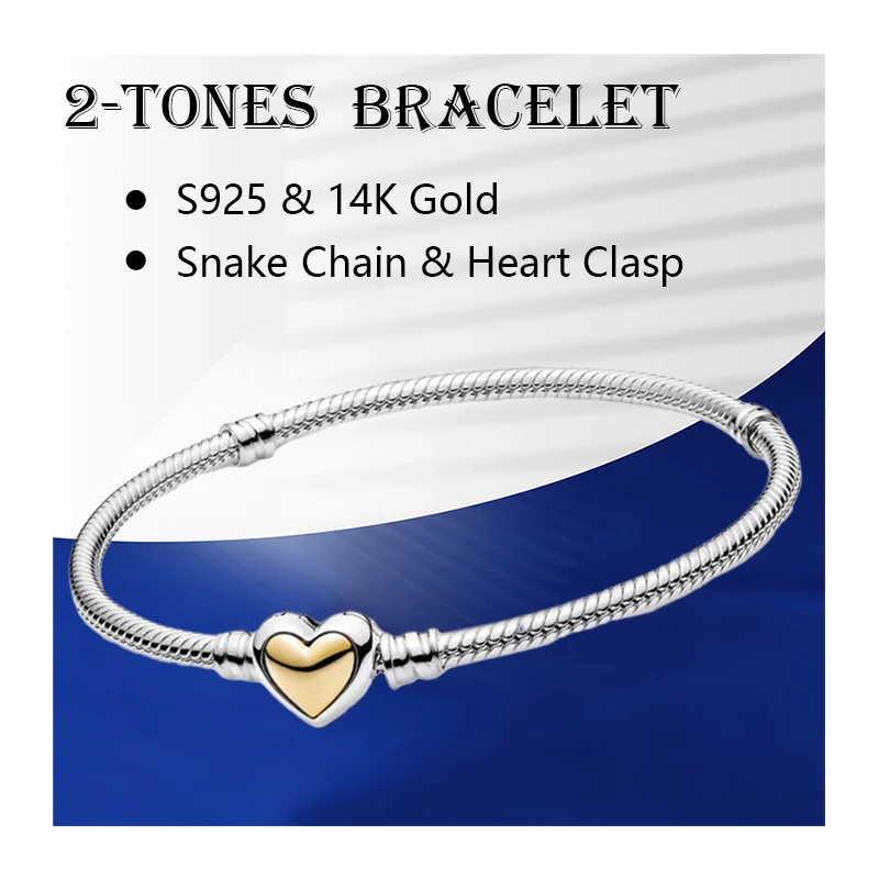 2 Tones Wrist Charm Bracelets For Women Fine Jewelry Sterling Silver 925 Original Snake Chain Real 14K Gold 585 Dome Heart Clasp
2 Tones Wrist Charm Bracelets For Women Fine Jewelry Sterling Silver 925 Original Snake Chain Real 14K Gold 585 Dome Heart Clasp