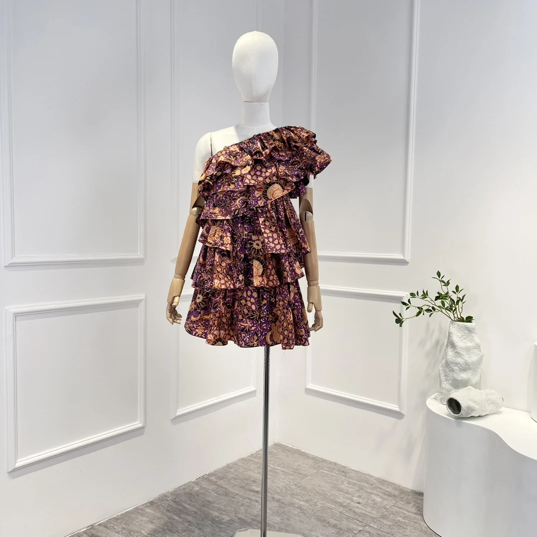 New Arrival Summer High Quality Cotton Floral Printing Diagonal Shoulder Ruffles Beach Holiday Style Mini Dress for Women
New Arrival Summer High Quality Cotton Floral Printing Diagonal Shoulder Ruffles Beach Holiday Style Mini Dress for Women