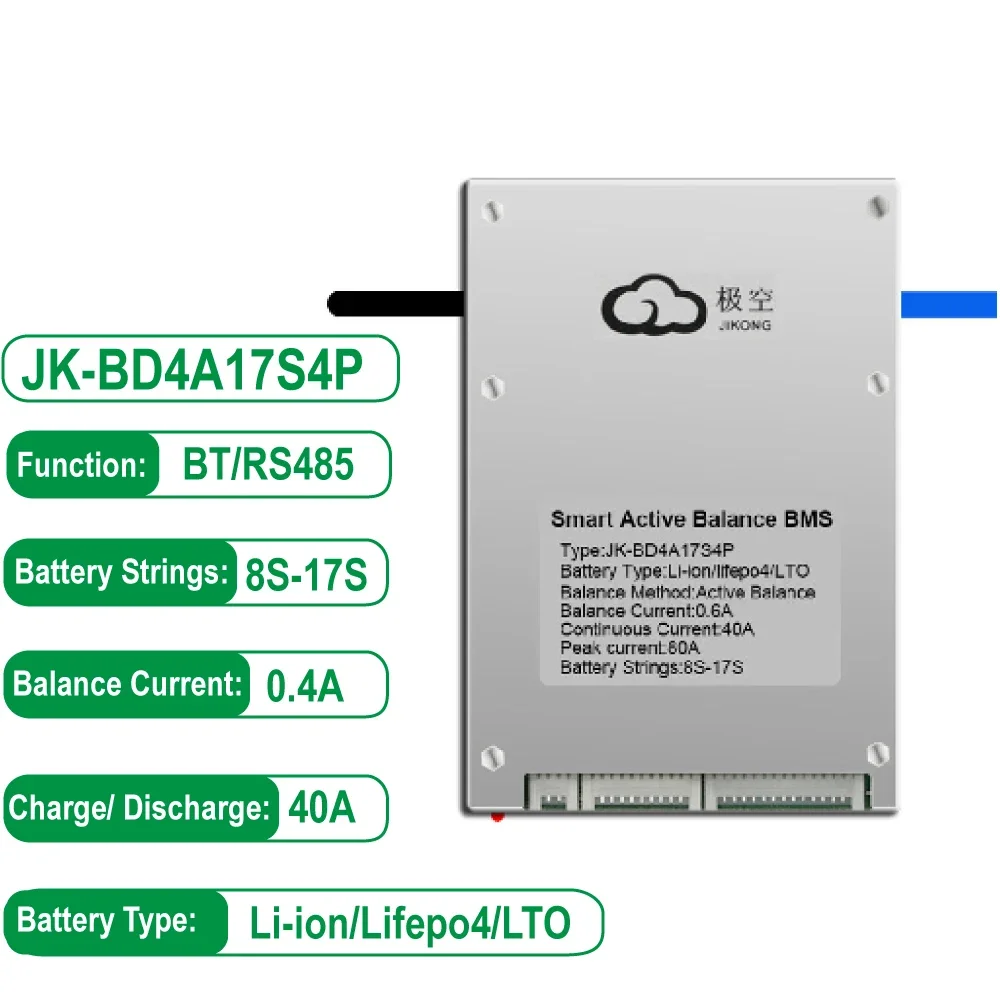 

JK BMS JK-BD4A17S4P Smart BMS 8S 9S 10S 11S 13S 14S 17S 0.4A Active Balance Current Continuous Discharge 40A RS485 Balance Board
