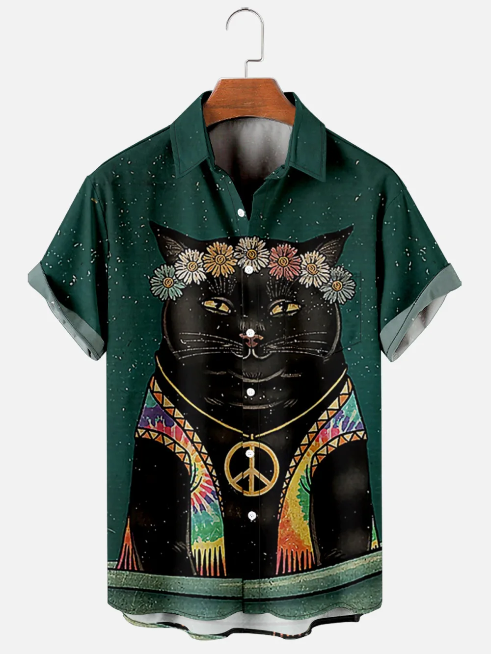 

2021 New Aristocratic Temperament Cat Digital Printing Hawaii Cuban Collar Trend Fashion Casual Shirt Men's Single Button Top