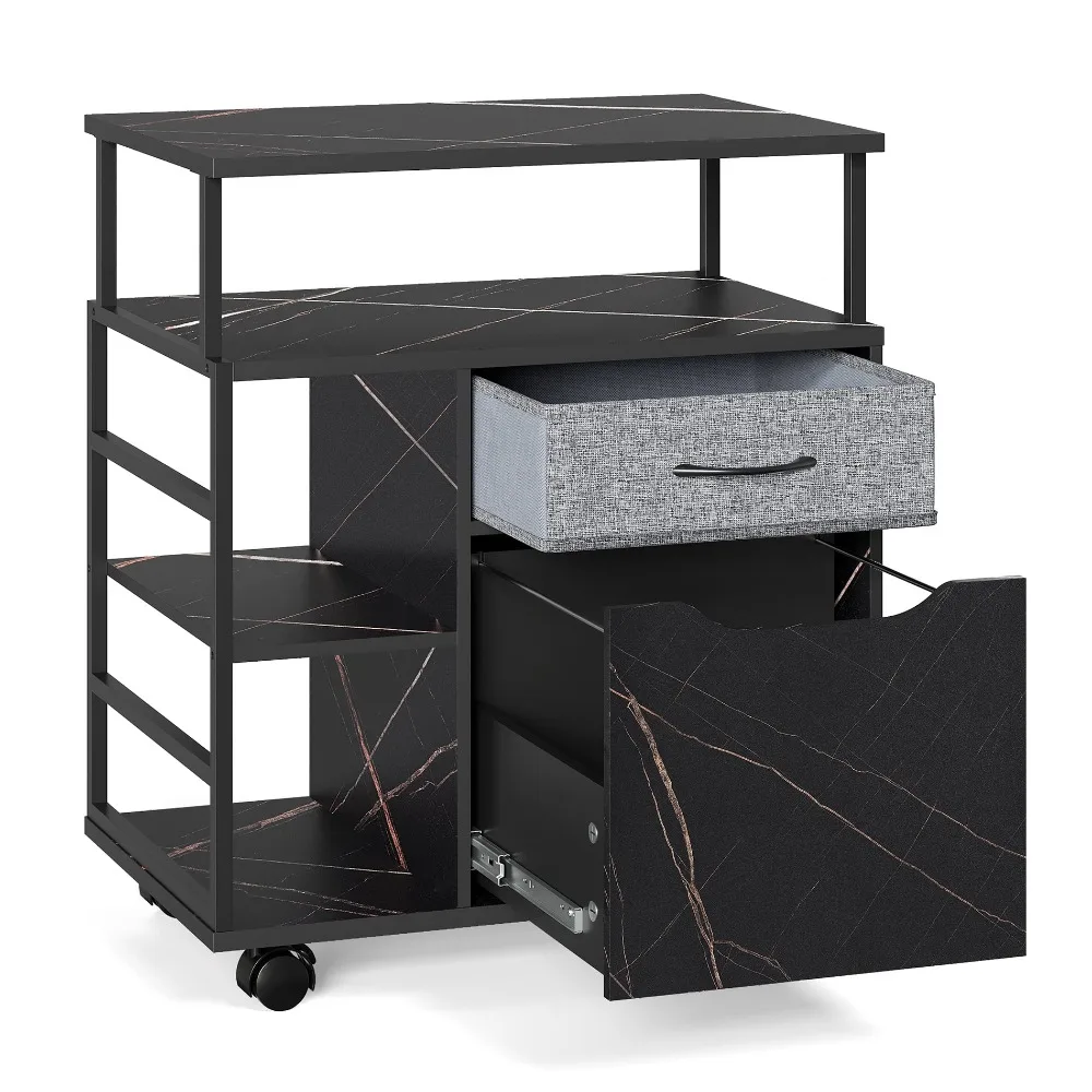 Mobile Kitchen Storage Cart with Open Shelves and Sliding Drawers, Wood and Metal, Black Marbled
Mobile Kitchen Storage Cart with Open Shelves and Sliding Drawers, Wood and Metal, Black Marbled