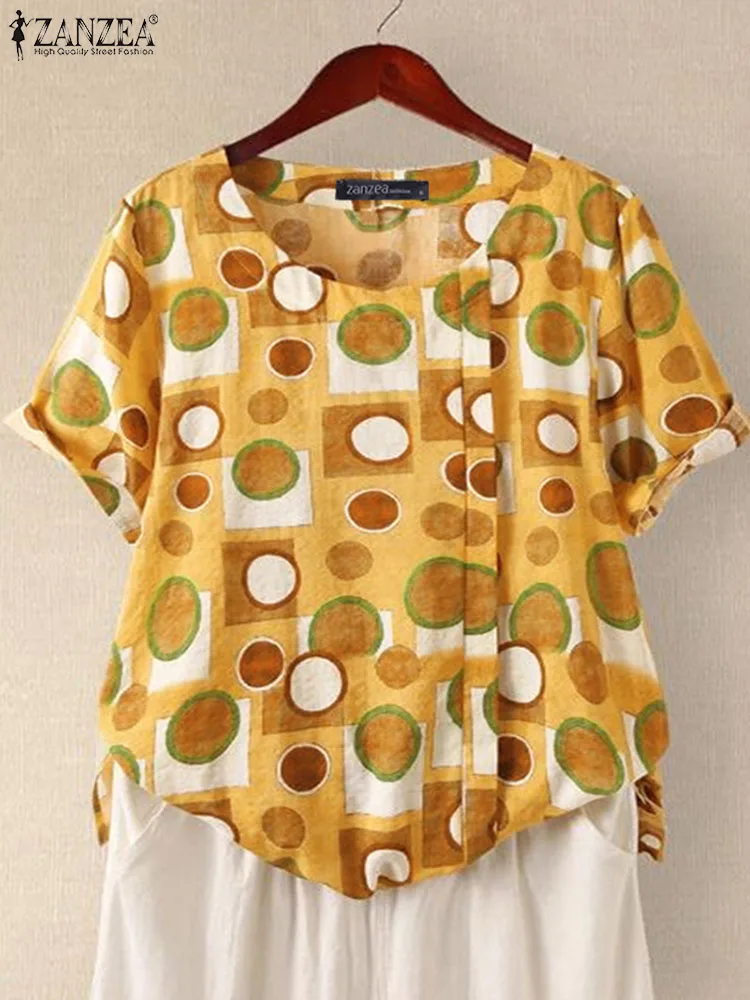 

ZANZEA Short Sleeve Dot Printed Blusas Fashion Vintage Blouses O-neck Women Shirt 2023 Summer Holiday Pleating Casual Tunic Tops
