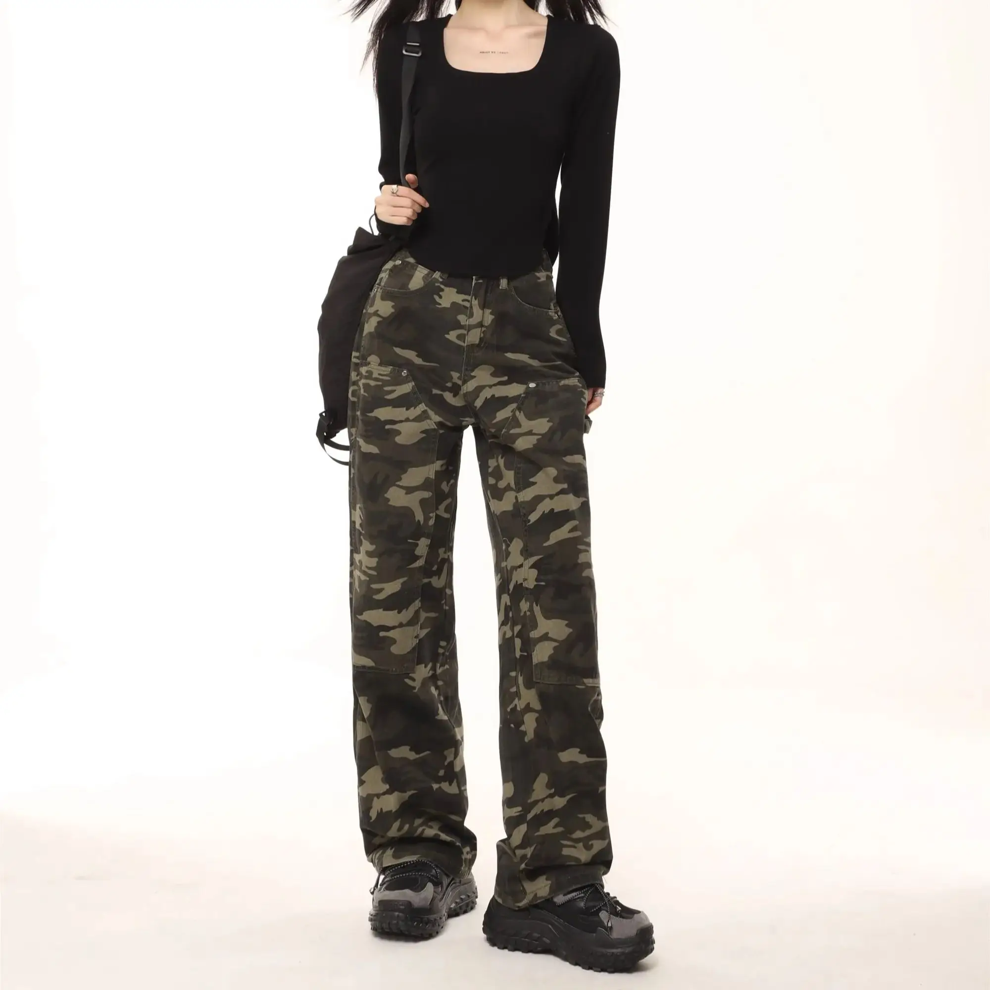 

American Retro Hiphop Camo Work Pants High Street Y2k Streetwear Loose Denim Wide Leg Pants Casual Straight Leg Pants