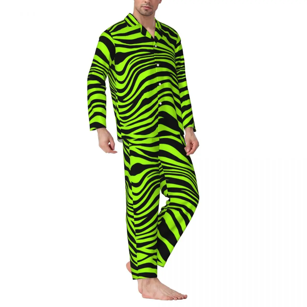 

Green Tiger Lines Pajama Sets Autumn Animal Print Cute Soft Leisure Sleepwear Man 2 Pieces Casual Oversized Nightwear Gift Idea