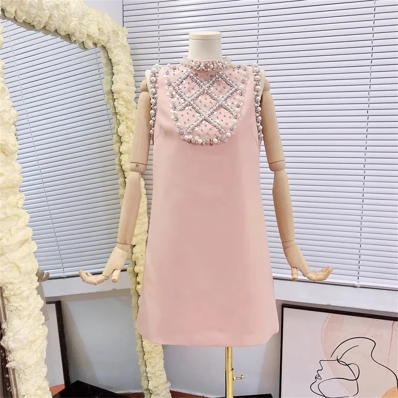 

High Quality New Fashion 2024 Women Summer Sleeveless Embroidered Flares Diamonds Pearls Sequined Beading Pink Casual Mini Dress