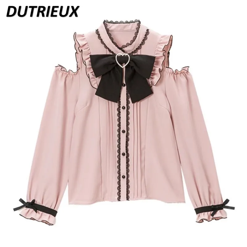 

Mine Sweet Cute Female Long Sleeve All-Matching Blouse Off-the-Shoulder Pink Stand Collar Top Japanese Lolita Bottoming Shirt