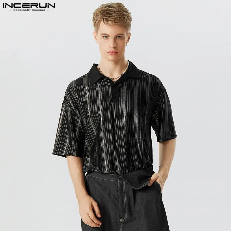 

INCERUN Men Casual Shirt Striped Lapel Short Sleeve Shiny Stylish Men Clothing Streetwear 2024 Loose Summer Fashion Camisa S-5XL