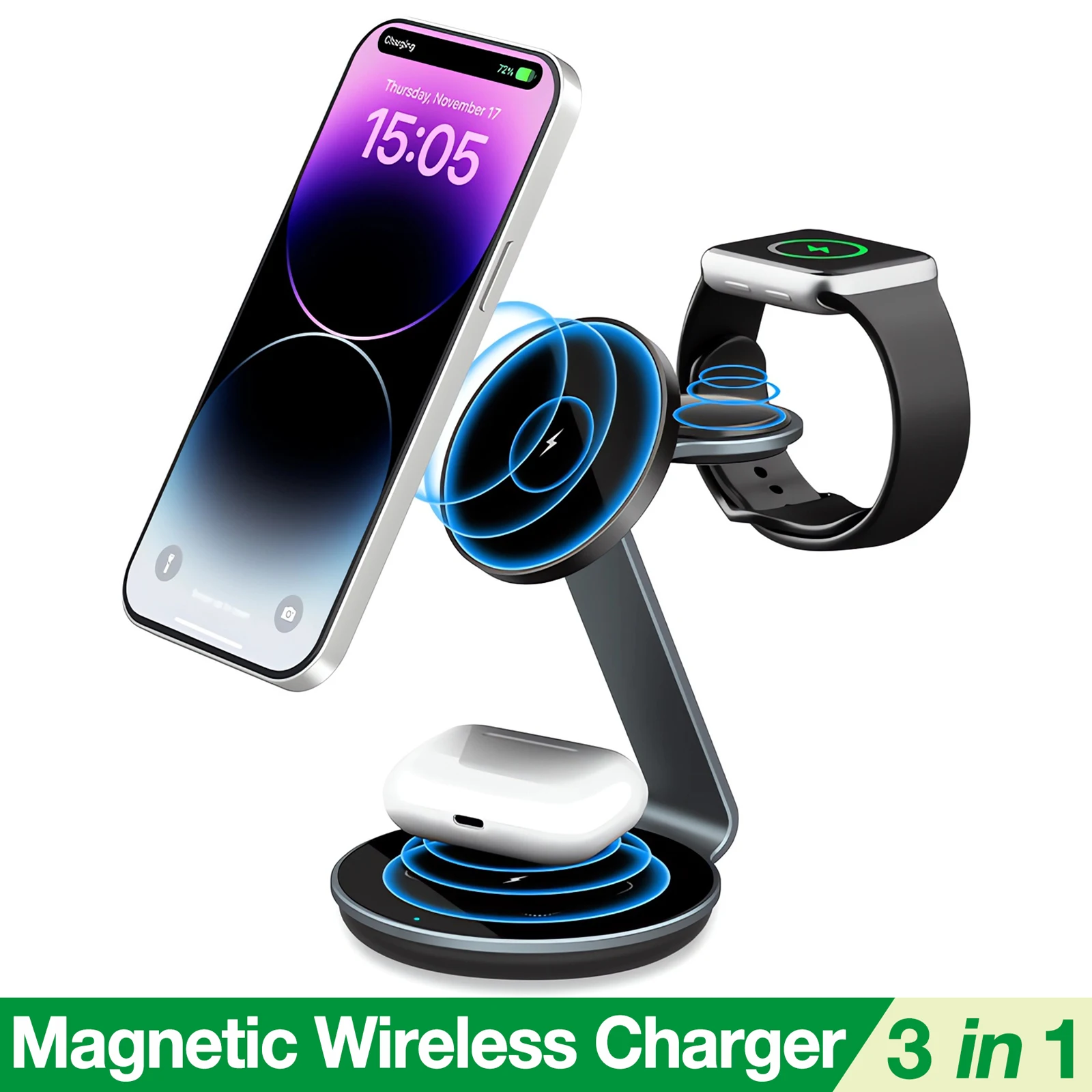 

3 in 1 Magnetic Wireless Charger Stand for iPhone 15 Pro Max/14/13/12 15W Fast Charging Station for Apple Watch/AirPods Pro