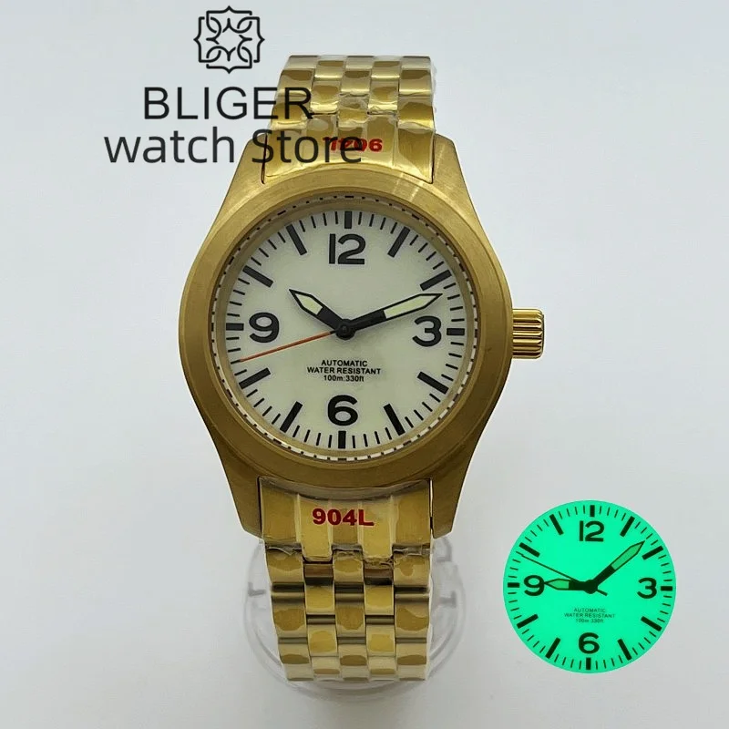 

BLIGER 36mm 39mm Gold Pilot Field Diver Mechanical Watch For Men NH35 movt Cream White Dial Green Super Lume Sapphire Steel Band