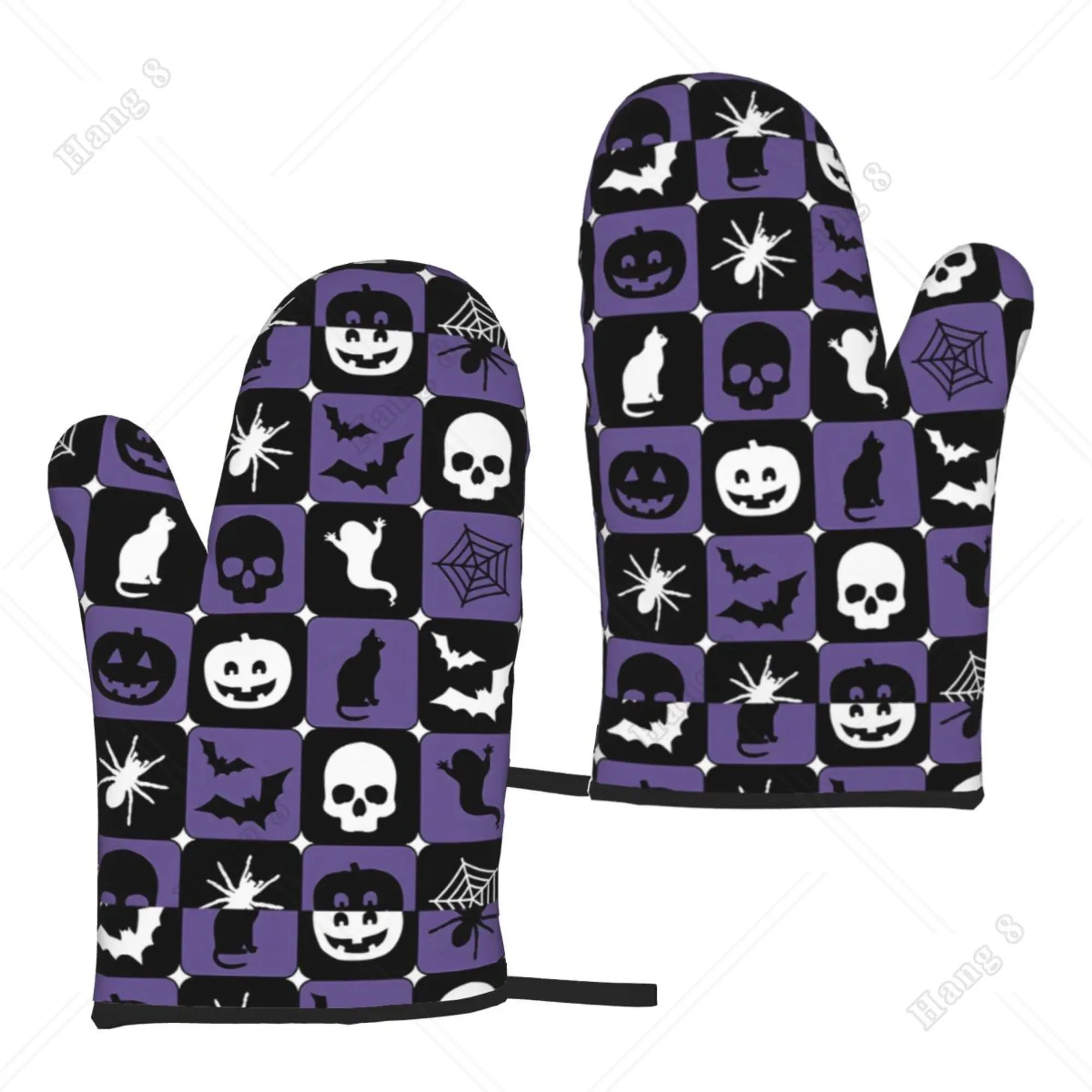 

Halloween Pumpkin Ghost Bat Cat Purple Pattern Heat Resistant Gloves Bbq Gloves for Men Women Oven Gloves 2PC Cooking Gloves