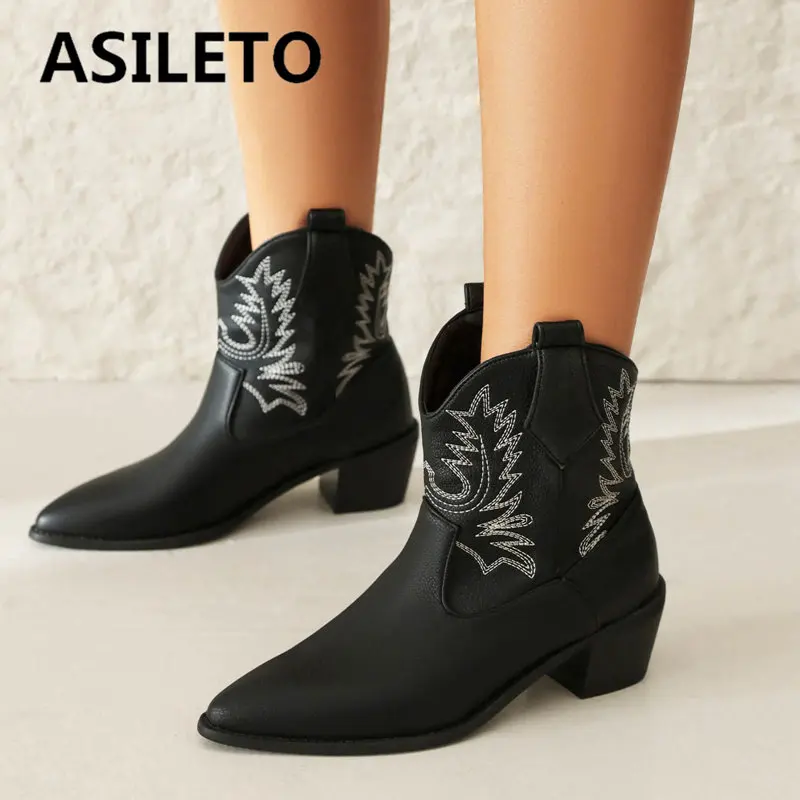 

ASILETO Brand Women Western Boots Pointed Toe Block Heels 5cm Slip On Embroider Big Size 42 43 Casual Daily Female Ankle Bota