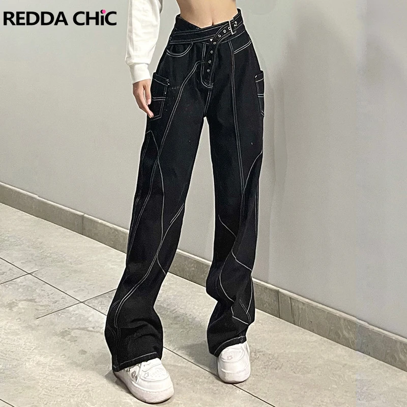 

REDDACHiC Bandage Baggy Jeans Women Belted Black Pants Grunge High Waist Female Vintage Y2k Straight Wide Leg Ladies Trousers