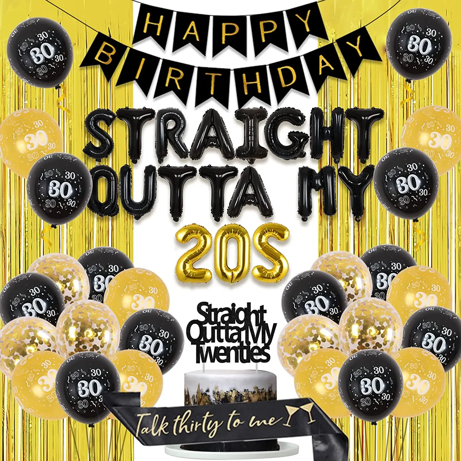 JOYMEMO 30th Birthday Decoration Black Gold for Man Women Straight Outta My 20s Foil Balloon Cake Topper Talk 30 To Me Sash
JOYMEMO 30th Birthday Decoration Black Gold for Man Women Straight Outta My 20s Foil Balloon Cake Topper Talk 30 To Me Sash