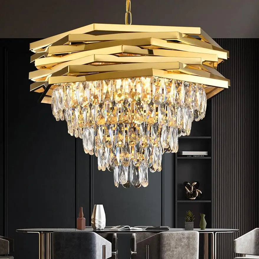 

Modern Crystal Chandelier Gold 24" Round Chandeliers for Dining Room K9 5 Tiers Ceiling Pendant Light Fixtures Large Flush Mount
