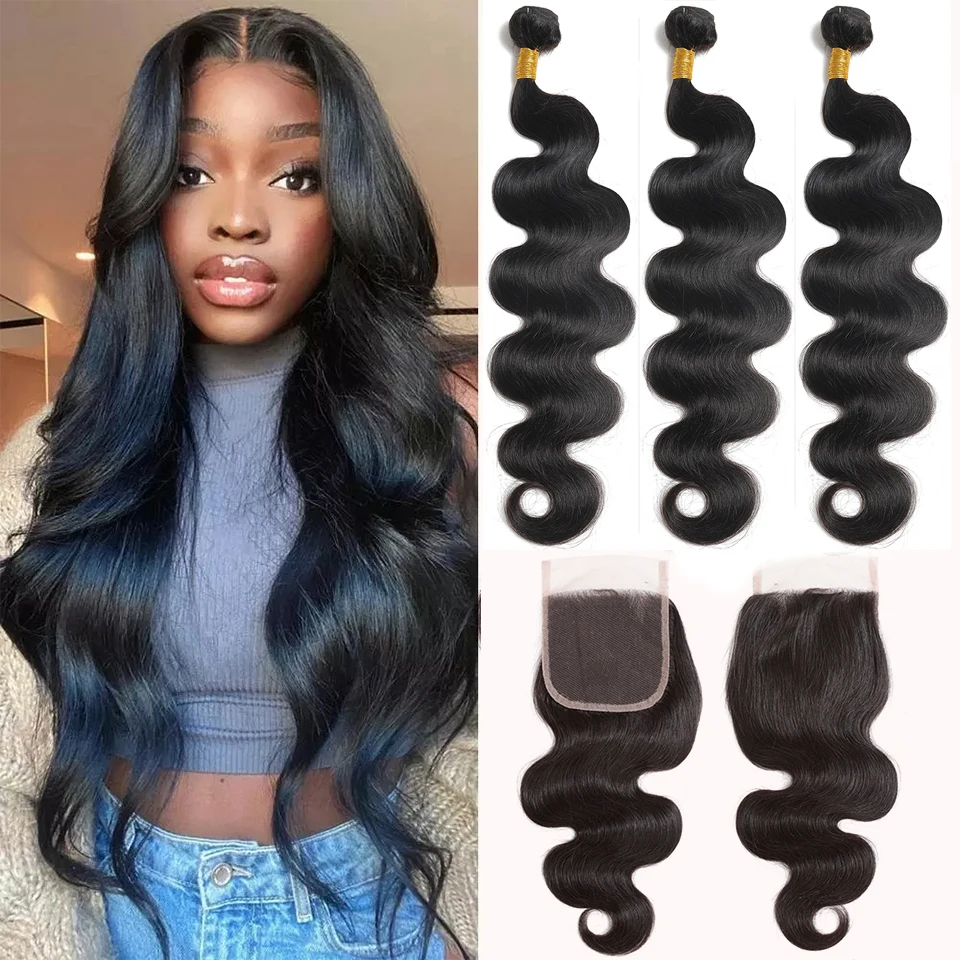 

BAHW Body Wave Human Hair Bundles With 4x4 Lace Closure Indian Hair Weave Bundles With Closure Virgin Hair Extension Natural