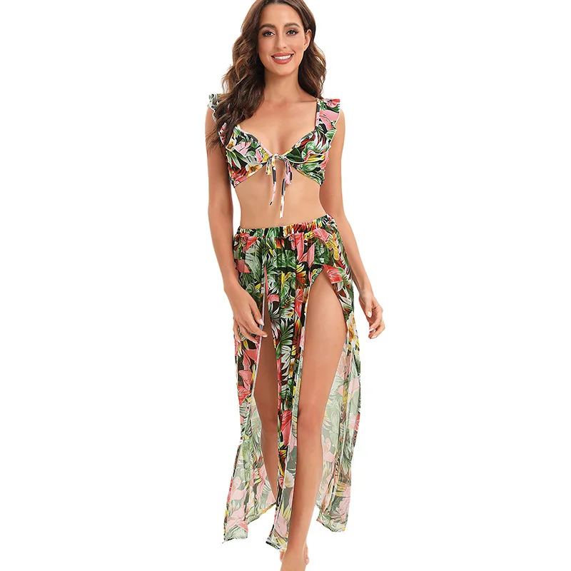 

2023 Women's Swimsuit Tropical Printing Flounce Lace-up Three-Piece Bikini Women Bikini Dress Bathing Suit Women