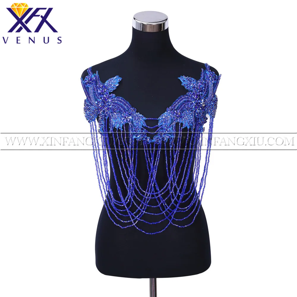 

XFX VENUS 1 Piece Rhinestones Royal Blue Beads Applique Fringe Crystals Decorative Patches Bridal Trimming Dress Patch