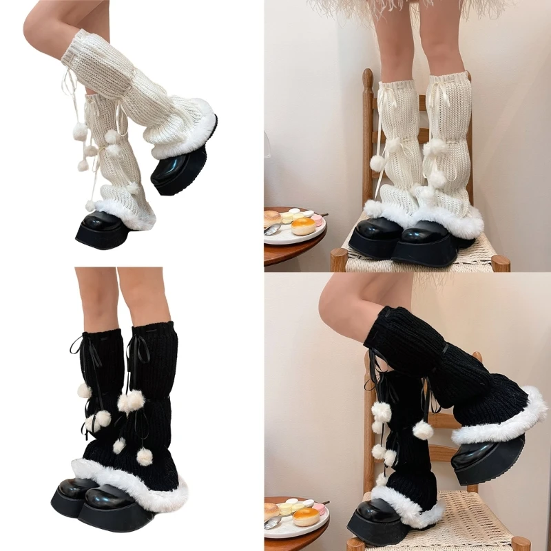 

B36D Plush Frilly Leg Warmer Women Lolitas Leg Warmer Knit Long Socks Harajuku Bows Lace Up Leg Cover Middle Tube Stocking