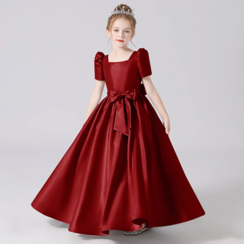 

Dideyttawl Burgundy Soft Satin Girls Christmas Dress Simple Short Sleeves Floor Length Junior Concert Pary Gown Birthday