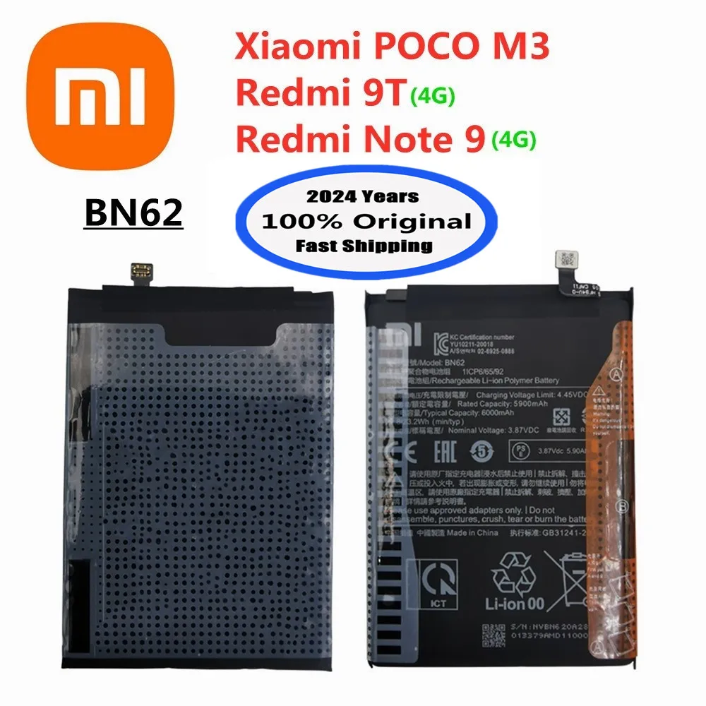 Оригинальный аккумулятор BN62 2024 года 6000 мАч для Xiaomi POCO M3 Redmi 9T Note 9 4G версия Высококачественная стандартная батарея
Оригинальный аккумулятор BN62 2024 года 6000 мАч для Xiaomi POCO M3 Redmi 9T Note 9 4G версия Высококачественная стандартная батарея