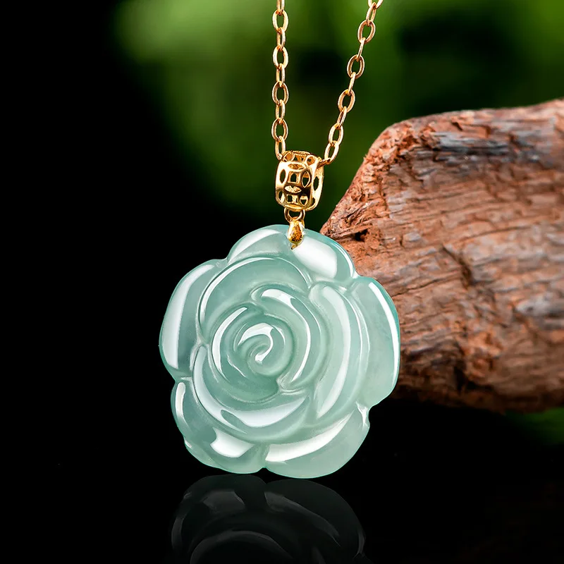 

Jiale/18K Gold Inlaid Natural Emerald Carving Blue Water Rose Jade Pendant Necklace Fine Jewelry Send Mother To Girlfriend Gift