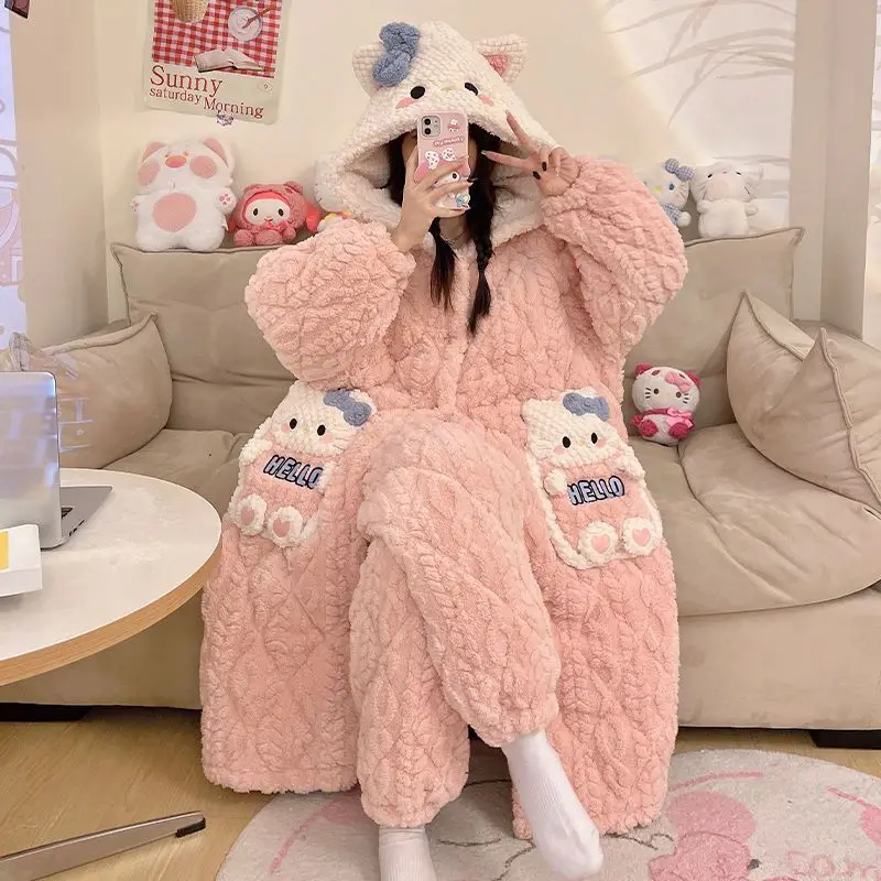 

Kawaii Hello Kitty winter pajamas three-layer quilted thickened velvet long nightgown cute coral velvet warm home clothes cute