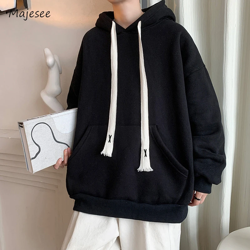 

Solid Hoodies Men Baggy Lace-up Fashion Loose Autumn Minimalist Long Length Korean Style Temperament Streetwear Tender