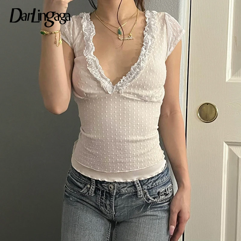 

Darlingaga y2k Vintage Chic V Neck Summer T-shirts for Women Fashion Mesh Top Spliced Ruched Cutecore Dot Sweet Cottagecore New