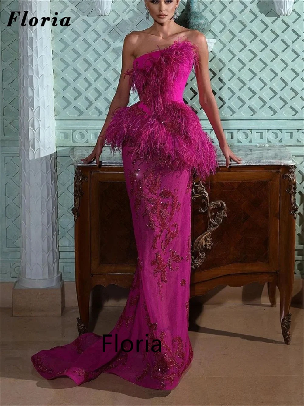 

Floria 2023 New Fashion Fuchsia Beaded Evening Dresses Luxury Strapless Feathers Women Mermaid Prom Dress Dubai Long Party Dress