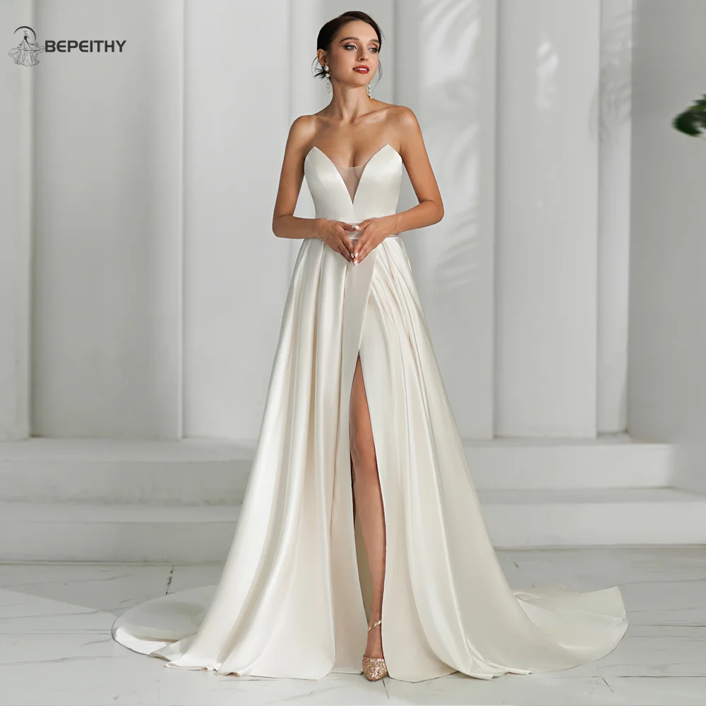 

BEPEITHY Ivory Satin A Line Wedding Dresses For Women 2024 Sweetheart Sexy High Slit Sweep Train White Bride Boho Bridal Gown