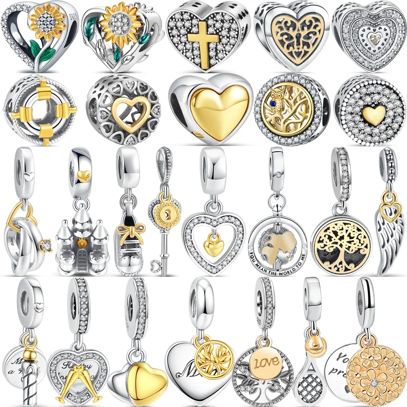 

925 Silver Two-Tone Charm Golden Heart Family Tree Castle Feather Birthday Candle Bead Fit Original Pandora Bracelet DIY Jewelry