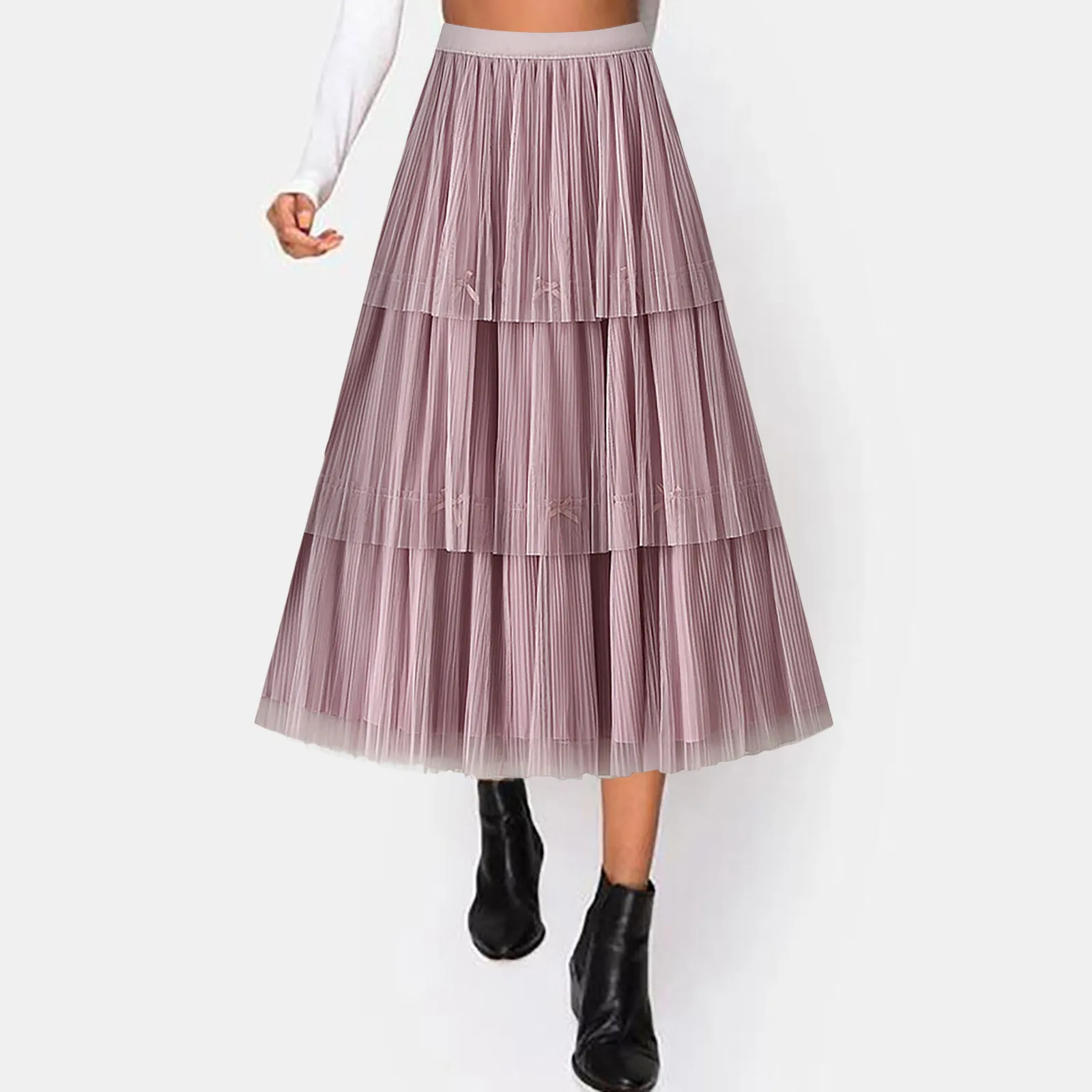 

Women Mid Length Skirt Dance Party A Line High Waisted Bowknot Tulle Skirt Holiday Party Costume Half High Low Skirts for Women